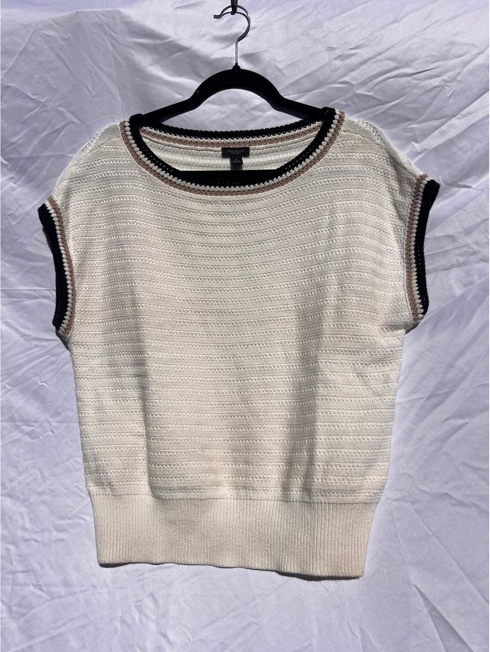 Ann Taylor Factory M 100% Cotton Textured Knit Sweater Top Ivory Black Tan